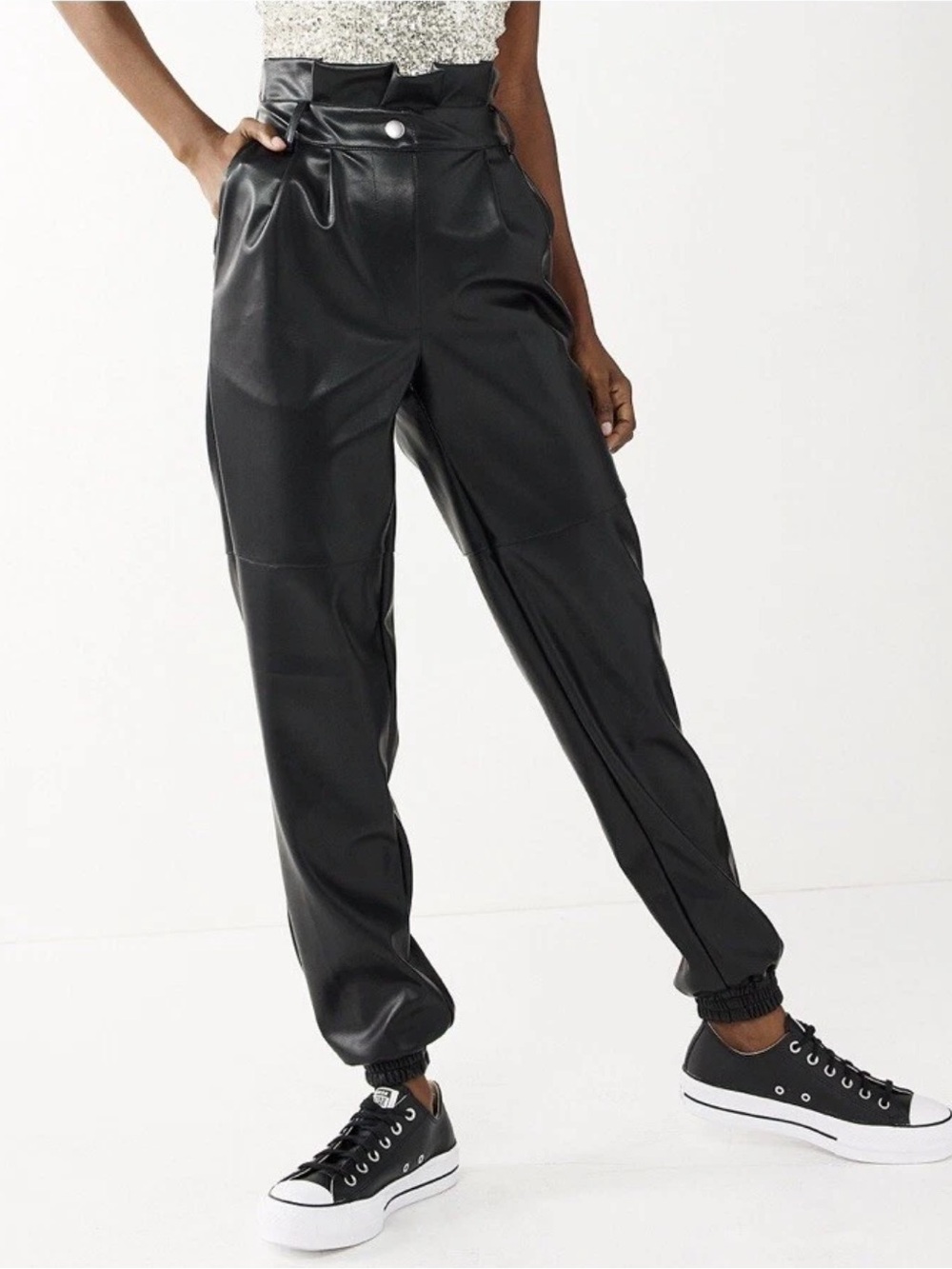 SO Black Faux Leather Jogger Trousers - Size L
